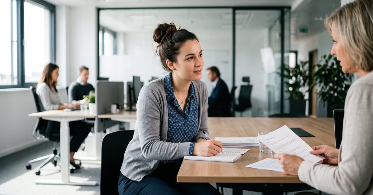 Étudiant en alternance ressources humaines lors d'un entretien professionnel en entreprise