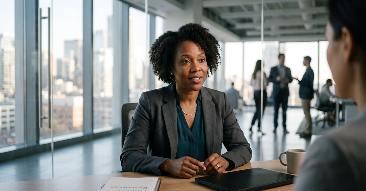 Directrice des ressources humaines en réunion dans un bureau moderne et lumineux