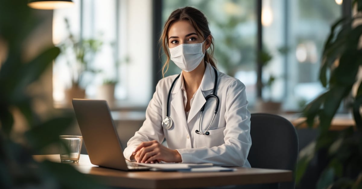 Secrétaire médicale consultant une offre d'emploi sur ordinateur dans un cabinet médical moderne