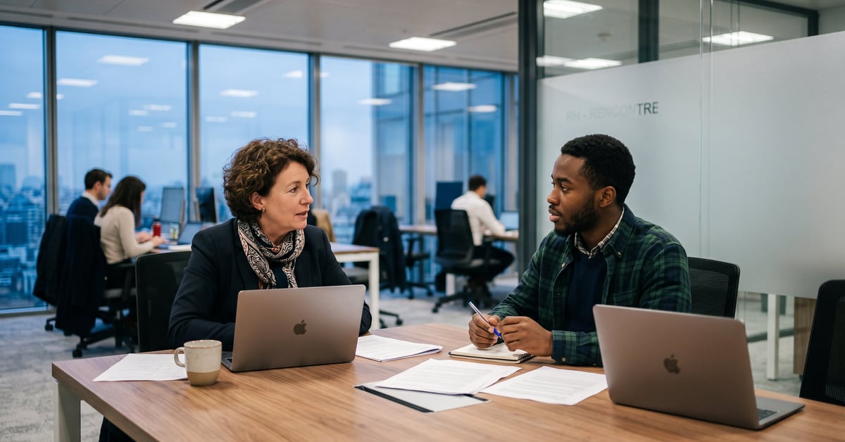 Équipe des ressources humaines en réunion dans un bureau moderne, échangeant sur la gestion du personnel