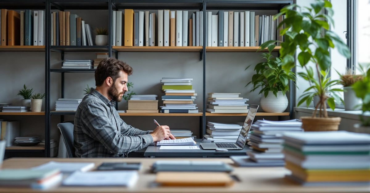 Classement de documents administratifs d'entreprise dans des dossiers organisés sur un bureau professionnel