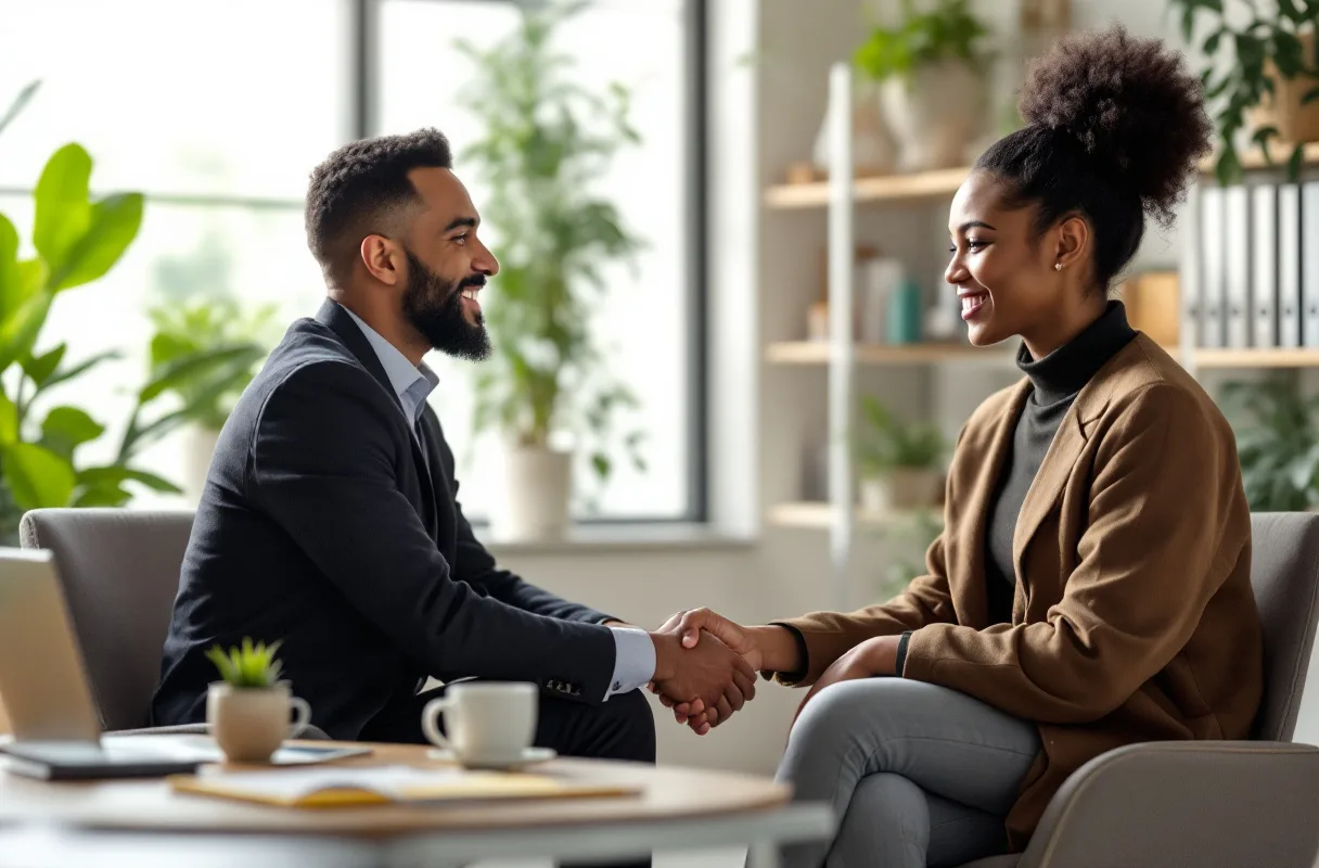 Entretien bienveillant entre une responsable RH et un salarié dans un bureau lumineux