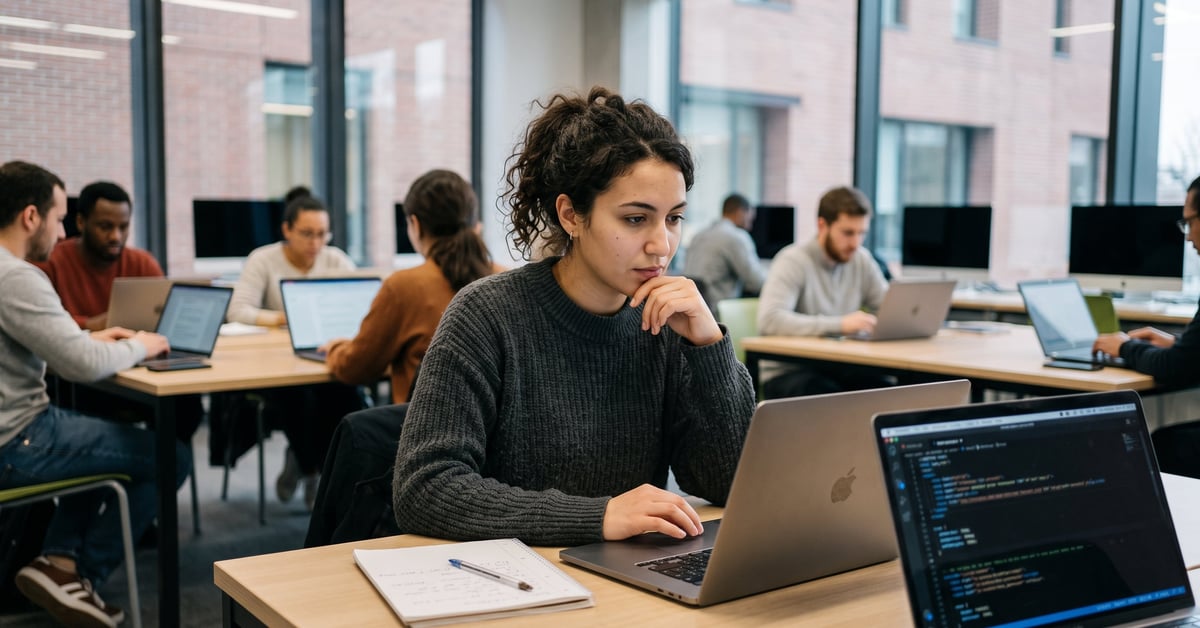 Développeur web en formation devant son écran de code dans un environnement de travail moderne