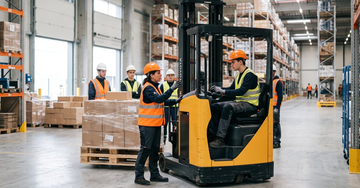 Cariste en formation conduisant un chariot élévateur dans un entrepôt logistique