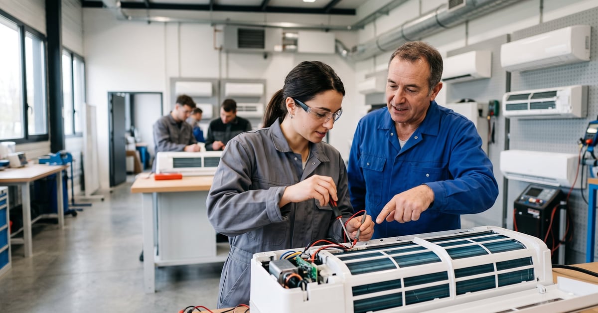 Technicien en formation climatisation étudiant les systèmes de climatisation pour obtenir sa certification
