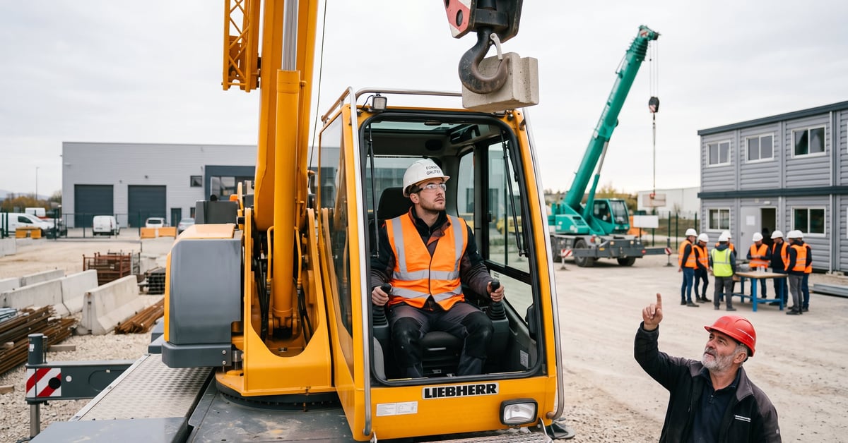 Formation grutier en action sur un chantier de construction, opérateur en cabine de grue