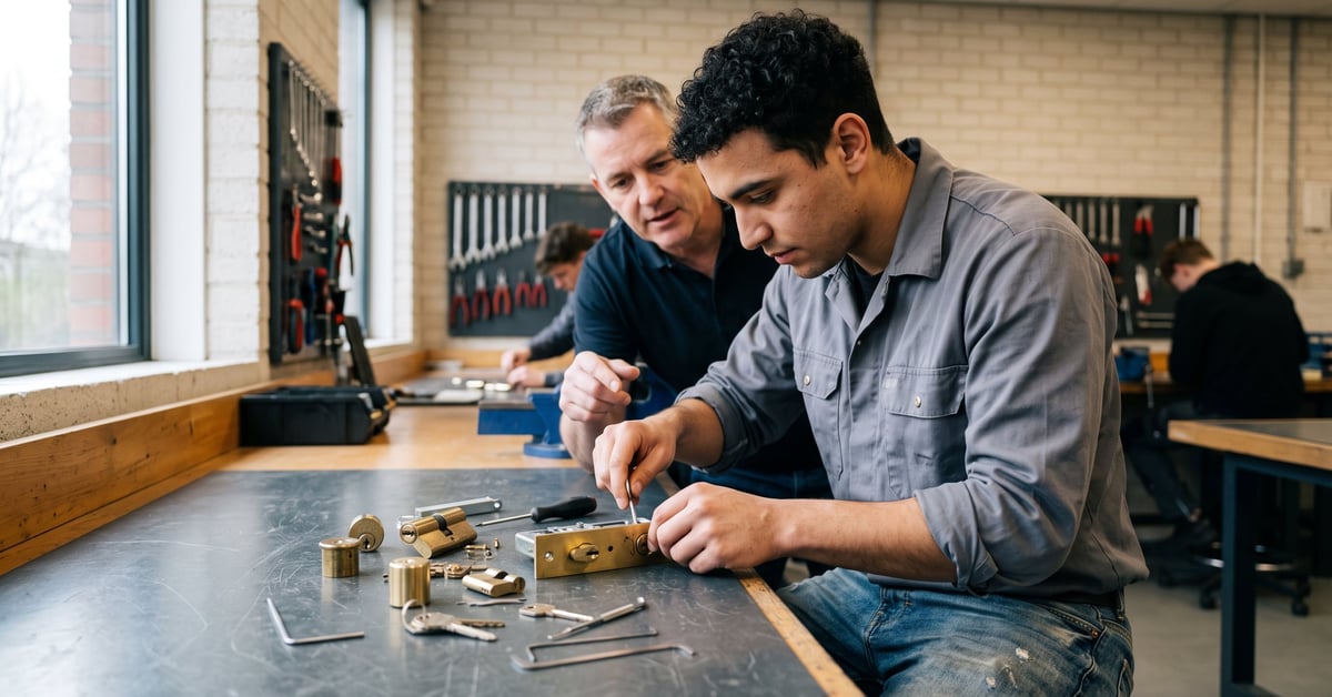 Formation serrurier : apprenti en train de travailler sur une serrure avec des outils professionnels