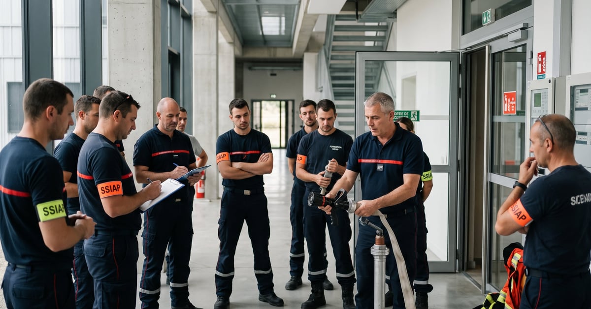 Formation SSIAP 1 : agent de sécurité incendie en tenue professionnelle lors d'un exercice pratique
